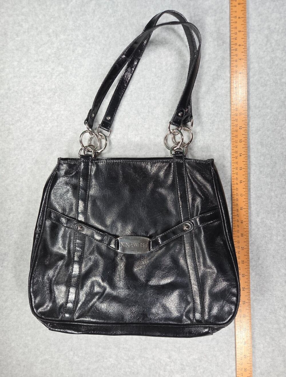Nine West Black Faux Leather Shoulder Bag Tote Silver Hardware Y2K